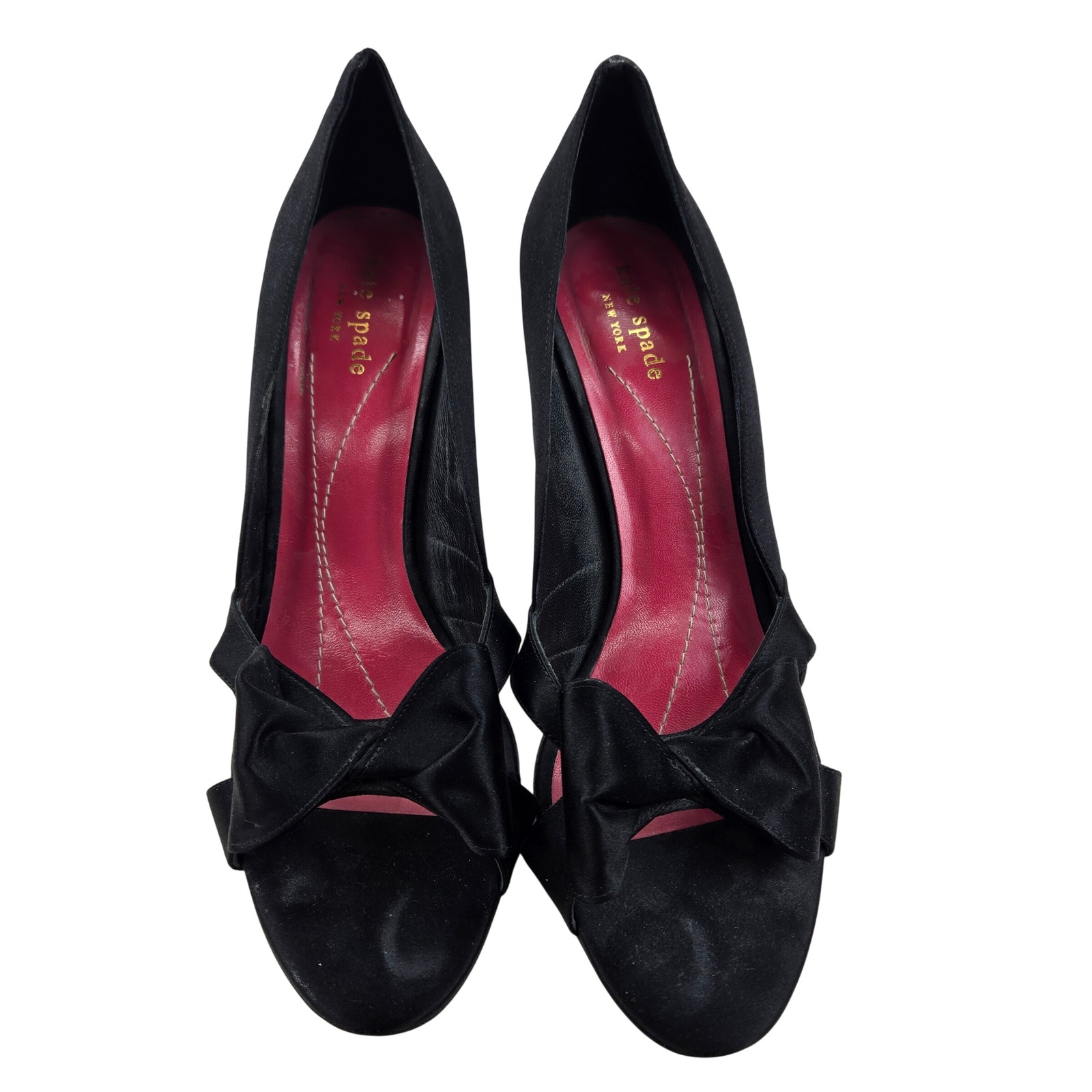 Kate Spade Hera Black Satin Bow Peep Toe Heels Made In Italy Size 9.5 B